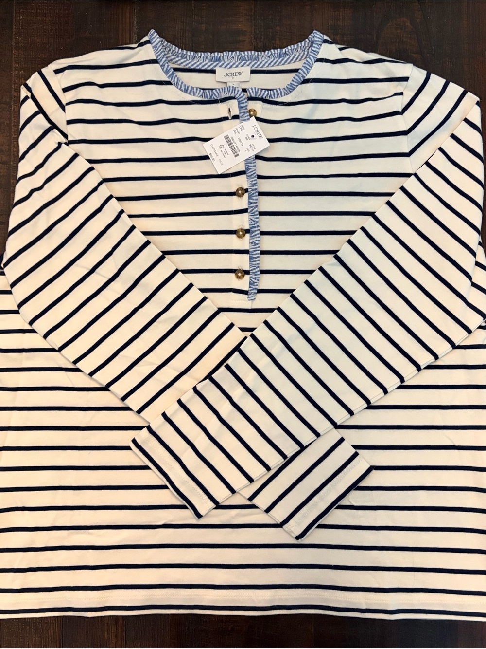 J. Crew Navy & White Striped Henley with Contrast Trim